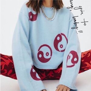 Vrg Grl Blue Yin Yang Bell Sleeve Blue Sweater Womens Small New